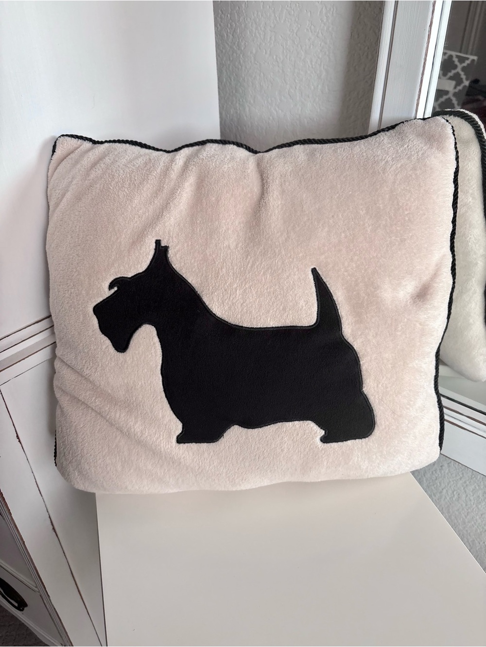 Plush Cream Throw Pillow with Black Scottie Dog Accent